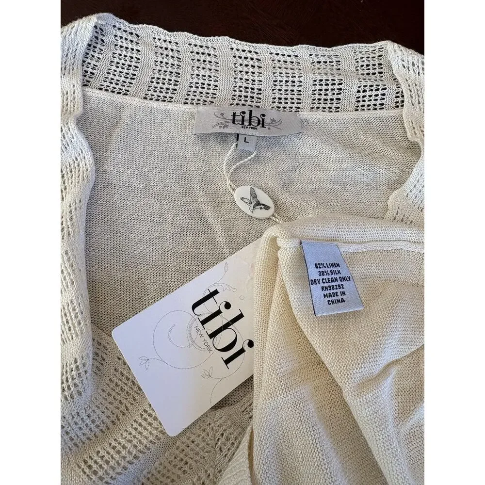 Tibi Cream Color Size Lg V-neck Knit w/ Lattice Detail At Neckline Linen Silk - Picture 4 of 5